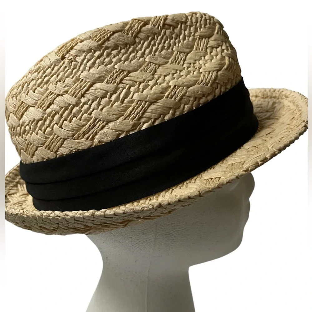 ALDO Paper Straw Fedora Hat Large Black Ribbon Lightweight Summer Sun Hat